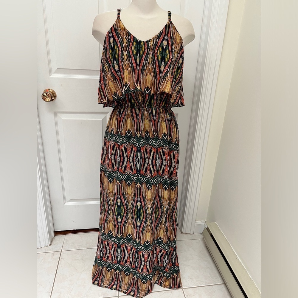 FUN AND FLIRT green orange spaghetti strap v neck maxi dress size medium